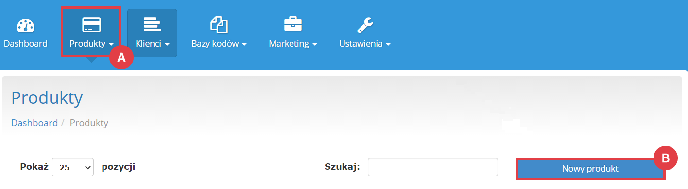 Dodaj nowy produkt w panelu aplikacji Automater Panel Automater > Produkty