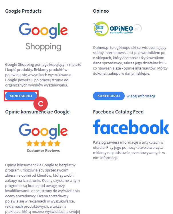 Przejdź do konfiguracji integracji z Google Shopping w sklepie Shoper Panel administracyjny sklepu > Dodatki i integracje > Inne integracje > Google Products > Konfiguracja