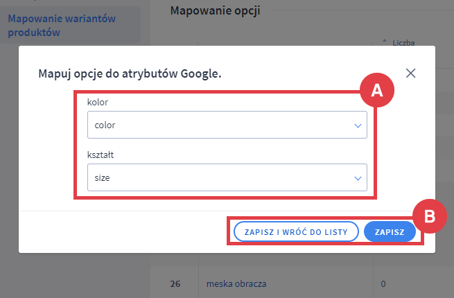 Panel administracyjny sklepu > Dodatki i integracje > Inne integracje > Google Products > Konfiguracja > Warianty > Mapowanie