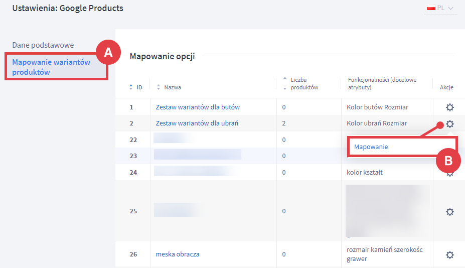 Panel administracyjny sklepu > Dodatki i integracje > Inne integracje > Google Products > Konfiguracja > Warianty > Mapowanie
