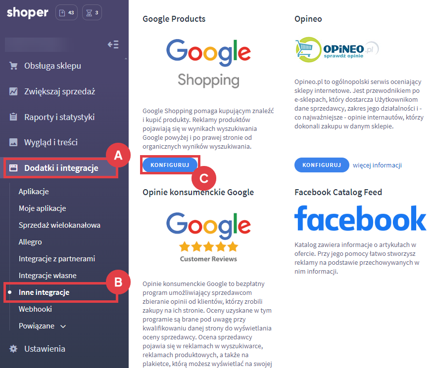Panel administracyjny sklepu > Dodatki i integracje > Inne integracje > Google Products > Konfiguracja