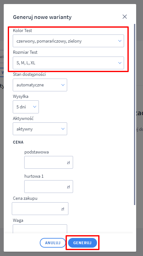 Wygeneruj warianty dla produktu Panel administracyjny > Obsługa sklepu > Produkty > Edycja > Warianty > Wybór wariantu
