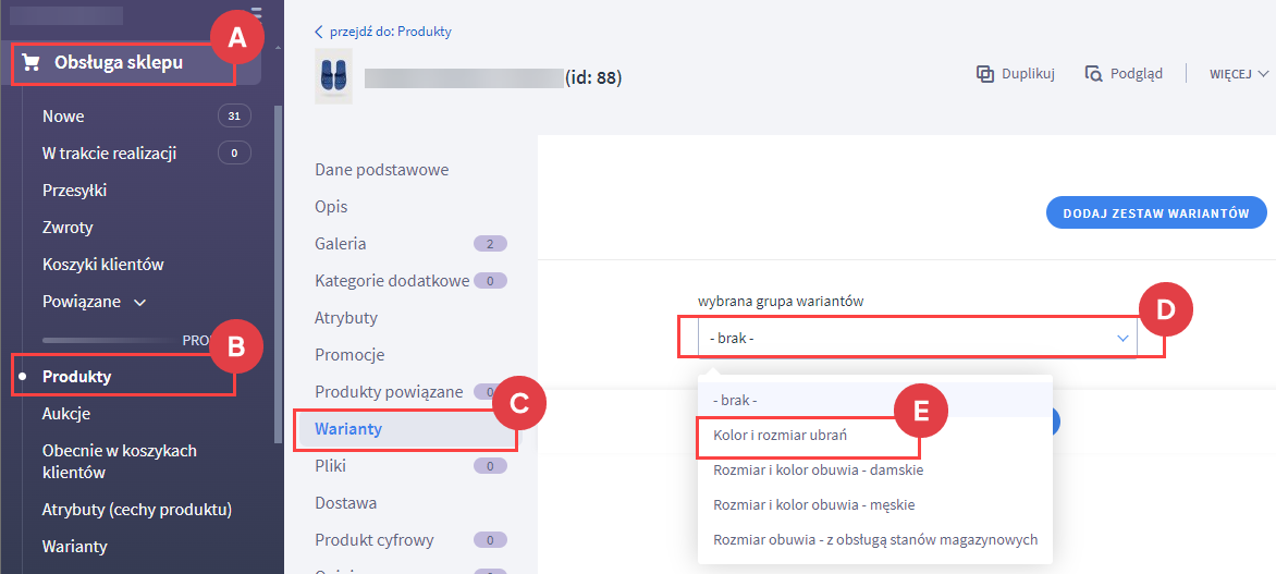Wybierz wariant w edycji produktu Panel administracyjny > Obsługa sklepu > Produkty > Edycja > Warianty