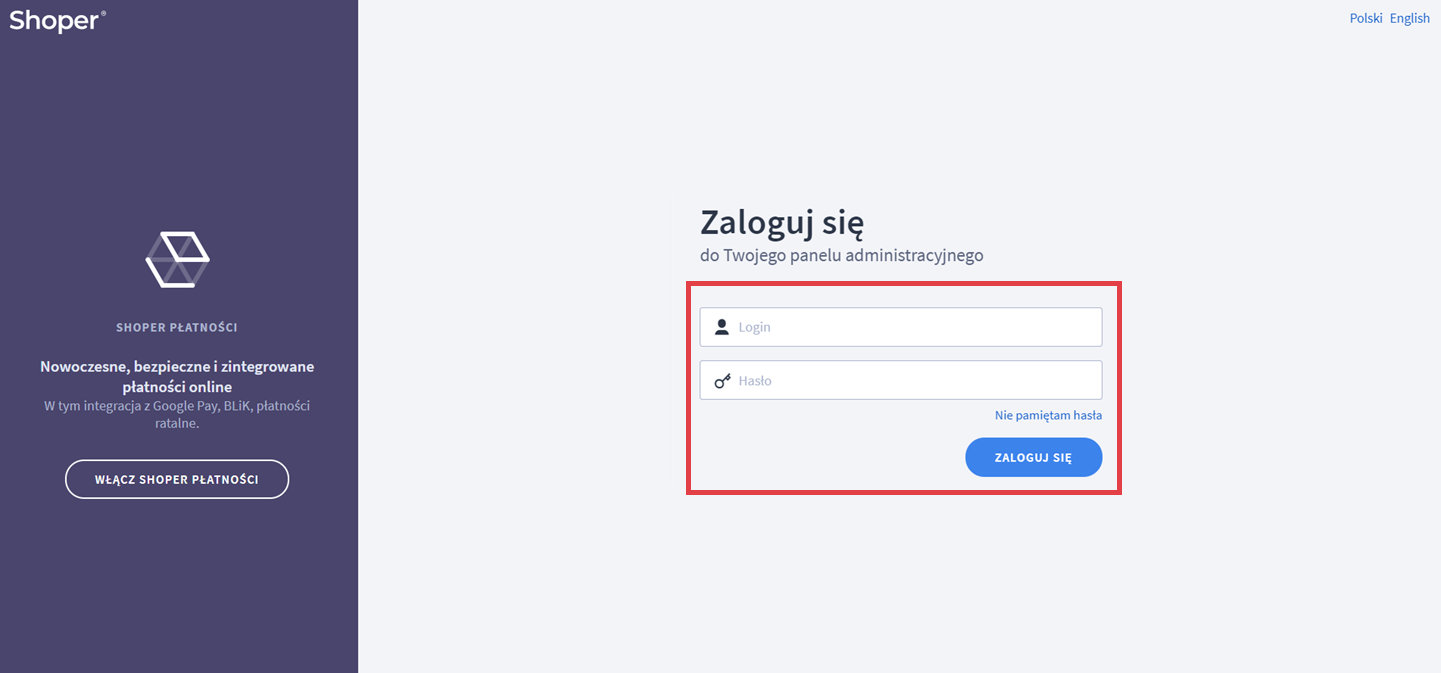 Logowanie do Panelu administracyjnego sklepu Shoper Panel administracyjny sklepu > Formularz logowania