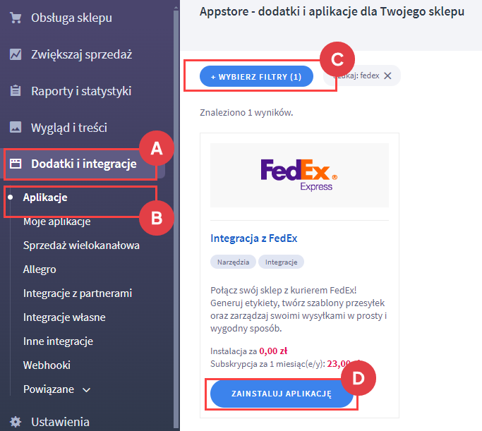 Wyszukaj aplikację do instalacji Panel administracyjny > Dodatki i integracje > Aplikacje