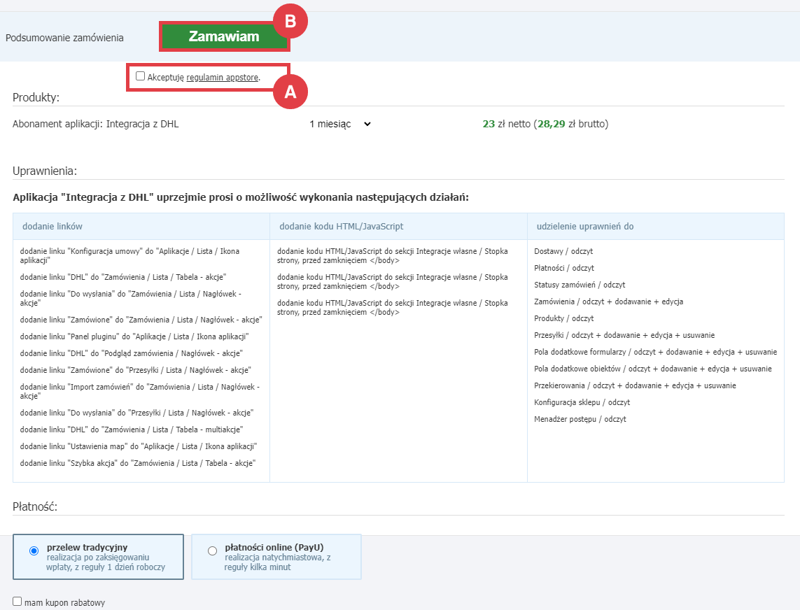Panel administracyjny sklepu > Dodatki i integracje > Aplikacje > Integracja z DHL > Instalacja