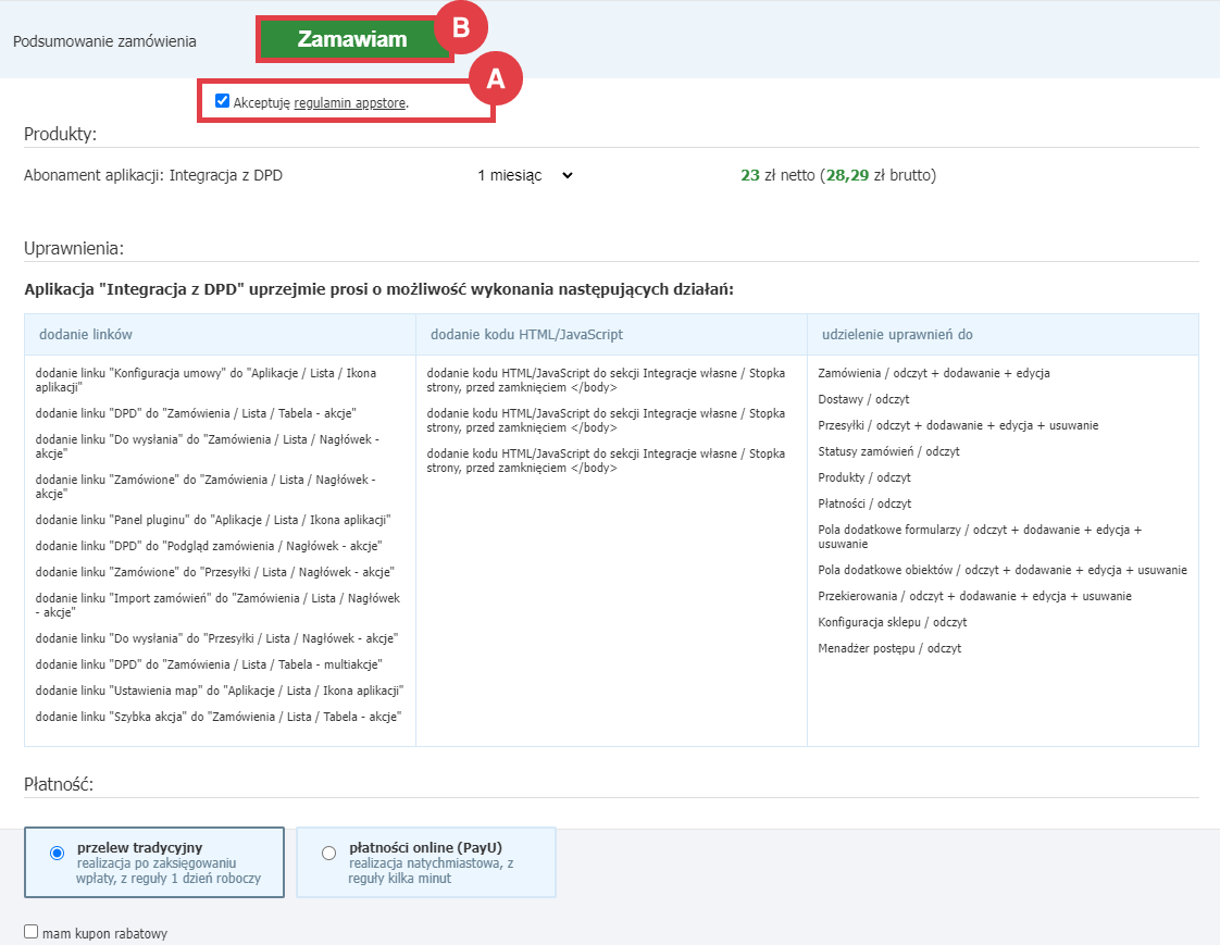Zamów abonament aplikacji Integracja z DPD w Panelu administracyjnym sklepu Panel administracyjny sklepu > Dodatki i integracje > Aplikacje > Integracja z DPD > Zamawianie abonamentu