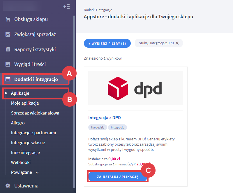 Zainstaluj aplikację do połączenia sklepu z kurierem DPD Panel administracyjny sklepu > Dodatki i integracje > Aplikacje > Integracja z DPD