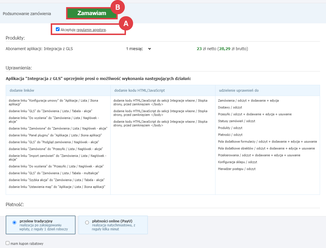 Zamów abonament aplikacji Integracja z GLS w sklepie Shoper Panel administracyjny sklepu > Dodatki i integracje > Aplikacje > Integracja z GLS > Instalacja