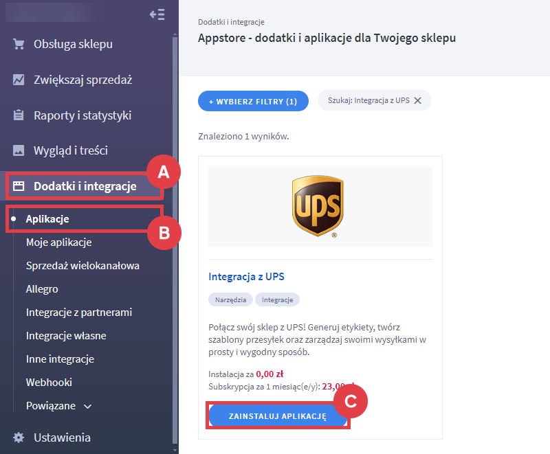Zintegruj sklep internetowy z firmą kurierską UPS Panel administracyjny sklepu > Dodatki i integracje > Aplikacje > Integracja z UPS