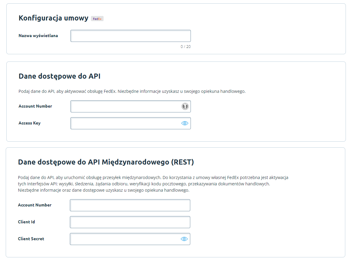 Podaje dane do własnej umowy FEDEX Panel administracyjny > Dodatki i integracje > Moje aplikacje > Fedex > Umowy własne