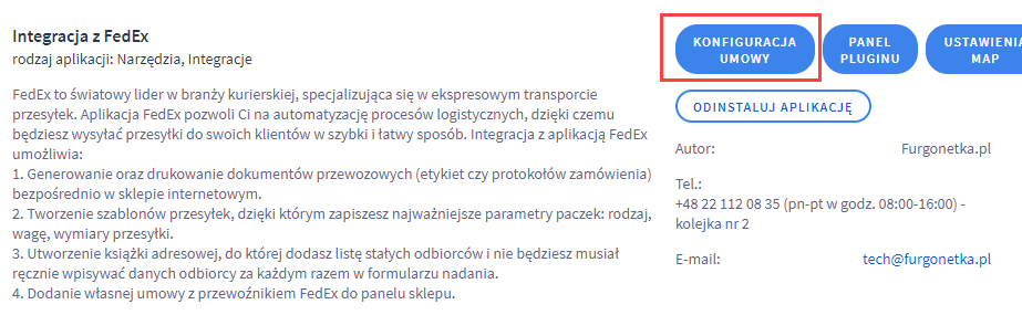 Przejdź do konfiguracji umowy Panel administracyjny > Dodatki i integracje > Moje aplikacje > Fedex