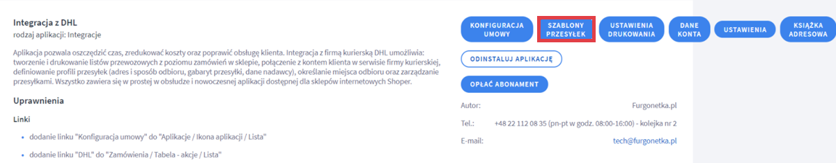 Panel administracyjny sklepu > Dodatki i integracje > Moje aplikacje > Integracja z DHL > Szablony przesyłek