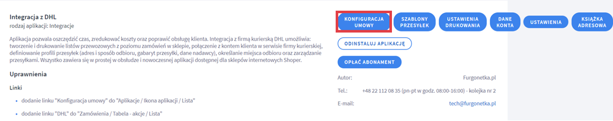 Panel administracyjny sklepu > Dodatki i integracje > Moje aplikacje > Integracja z DHL > Konfiguracja umowy