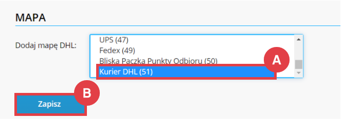 Panel administracyjny sklepu > Dodatki i integracje > Moje aplikacje > Integracja z DHL > Ustawienia > Mapa
