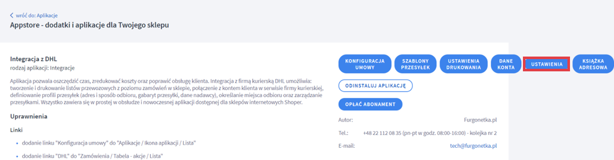 Panel administracyjny sklepu > Dodatki i integracje > Moje aplikacje > Integracja z DHL > Ustawienia