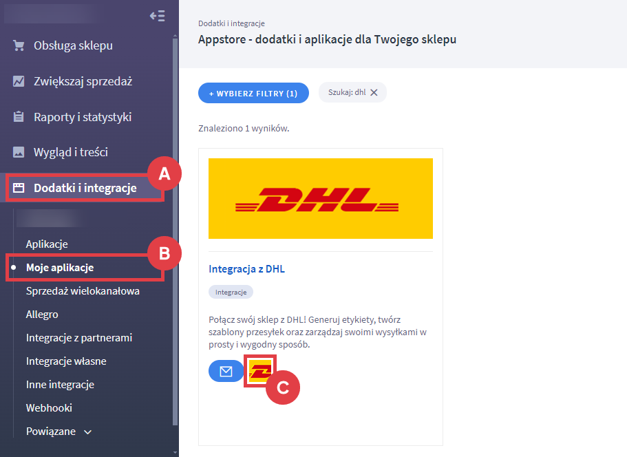 Panel administracyjny sklepu > Dodatki i integracje > Moje aplikacje > Integracja z DHL
