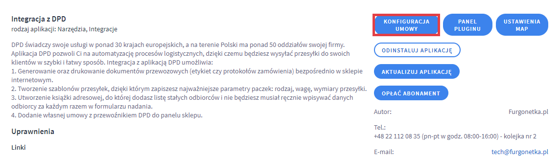 Przejdź do ustawień umowy sklepu Shoper z DPD Panel administracyjny sklepu > Dodatki i integracje > Moje aplikacje > Integracja z DPD > Konfiguracja umowy