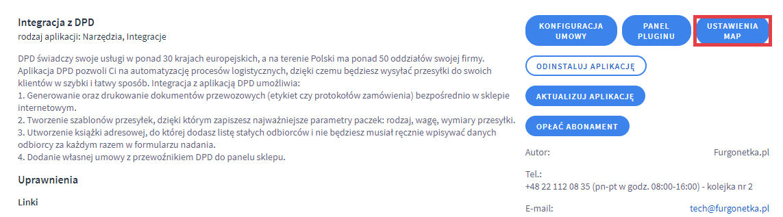 Przejdź do ustawień map w integracji sklepu Shoper z DPD Panel administracyjny sklepu > Dodatki i integracje > Moje aplikacje > Integracja z DPD > Ustawienia map