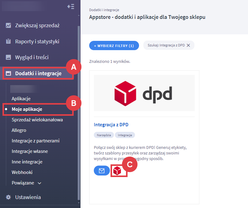 Uruchom aplikację i połącz swój sklep z usługą DPD Panel administracyjny sklepu > Dodatki i integracje > Moje aplikacje > Integracja z DPD