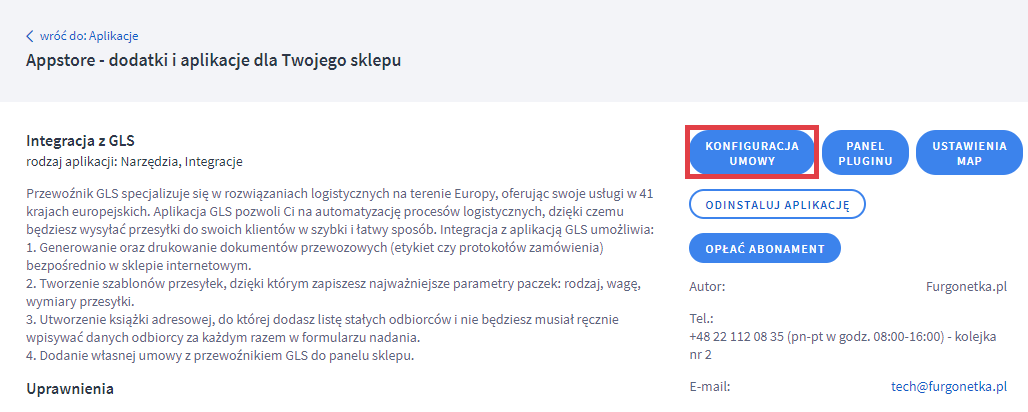 Skonfiguruj umowę integracji z firmą GLS Panel administracyjny sklepu > Dodatki i integracje > Moje aplikacje > Integracja z GLS > Konfiguracja umowy