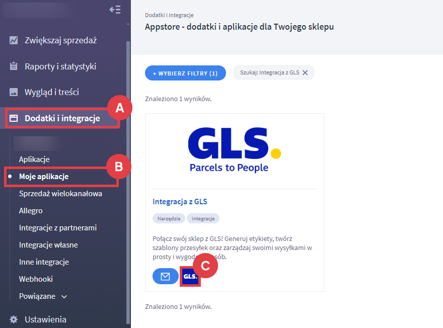 Skonfiguruj połączenie sklepu internetowego Shoper z GLS Panel administracyjny sklepu > Dodatki i integracje > Moje aplikacje > Integracja z GLS