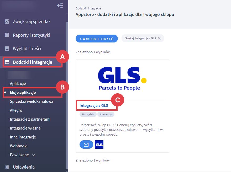 Kliknij w nazwę aplikacji, by przejść do jej ustawień Panel administracyjny sklepu > Dodatki i integracje > Moje aplikacje > Integracja z GLS > Nazwa