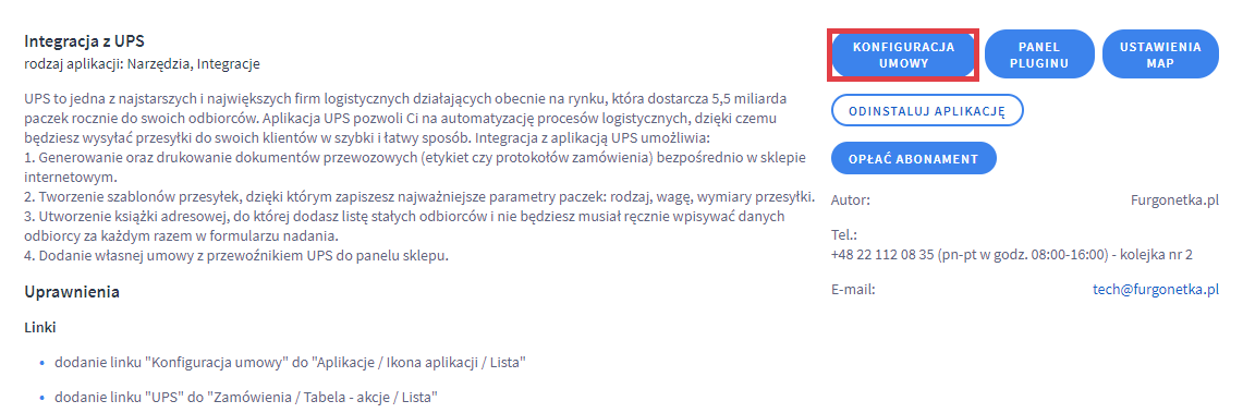 Skonfiguruj umowę z firmą kurierską UPS Panel administracyjny sklepu > Dodatki i integracje > Moje aplikacje > Integracja z UPS > Konfiguracja umowy