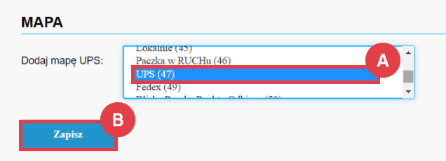 Dodaj mapę UPS w ustawieniach integracji Panel administracyjny sklepu > Dodatki i integracje > Moje aplikacje > Integracja z UPS > Ustawienia map > Dodawanie mapy