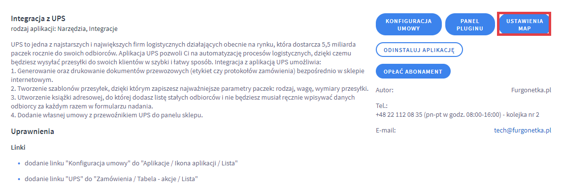 Przejdź do ustawień map w integracji sklepu Shoper z UPS Panel administracyjny sklepu > Dodatki i integracje > Moje aplikacje > Integracja z UPS > Ustawienia map