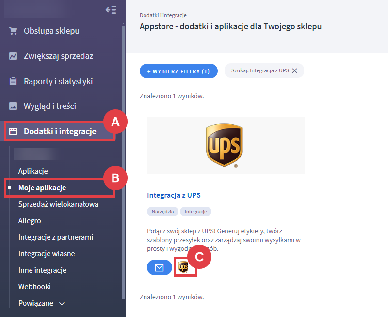 Uruchom i skonfiguruj integrację z kurierem UPS Panel administracyjny sklepu > Dodatki i integracje > Moje aplikacje > Integracja z UPS