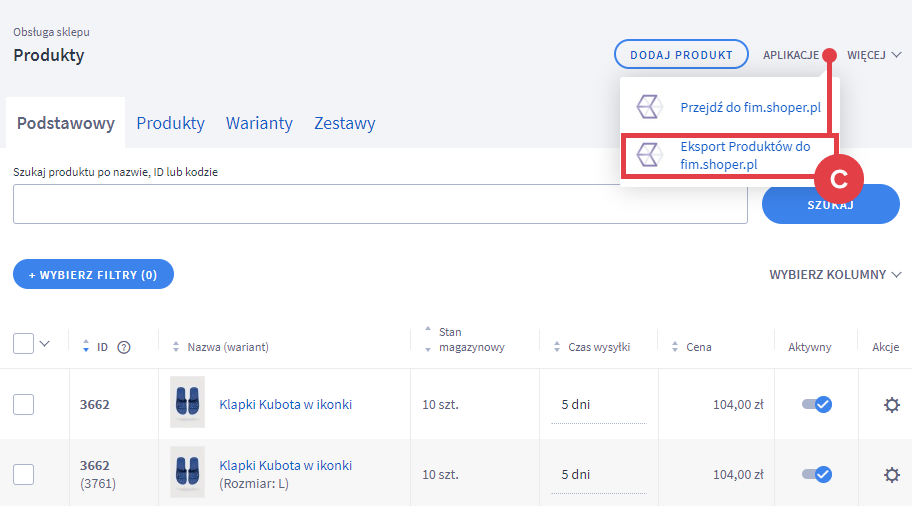 Eksportuj produkty ze sklepu do programu księgowo-magazynowego Shoper Faktury i Magazyn Panel administracyjny sklepu > Obsługa sklepu > Produkty > Aplikacje > Eksport Produktów do fim.shoper.pl