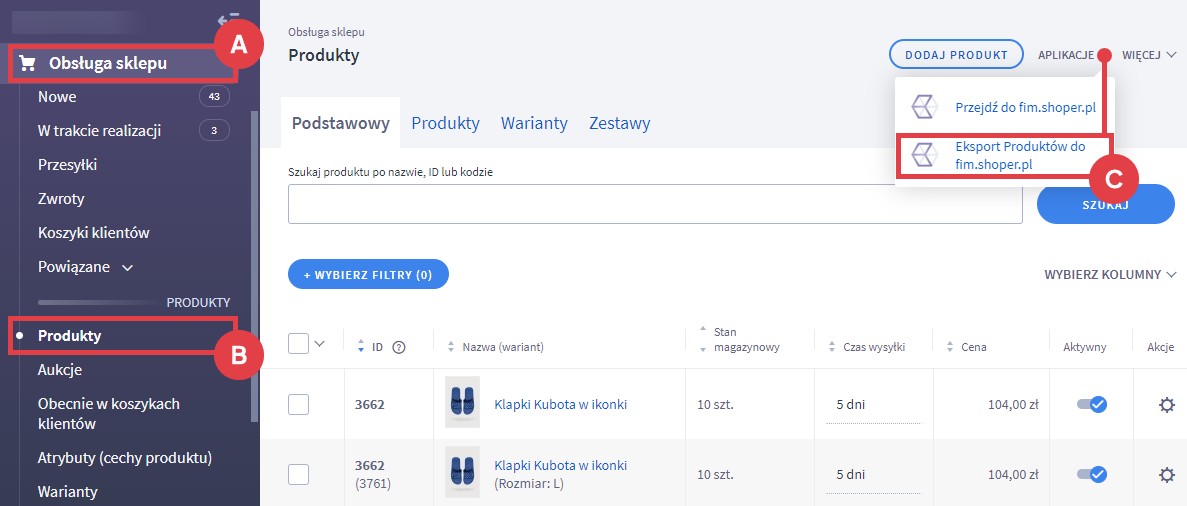 Eksportuj produkty ze sklepu do programu księgowo-magazynowego Shoper Faktury i Magazyn Panel administracyjny sklepu > Obsługa sklepu > Produkty > Aplikacje > Eksport Produktów do fim.shoper.pl