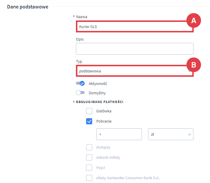 Określ nową formę dostawy dla usługi GLS Panel administracyjny sklepu > Ustawienia > Formy dostawy > Dodawanie dostawy > Formularz > Kurier GLS