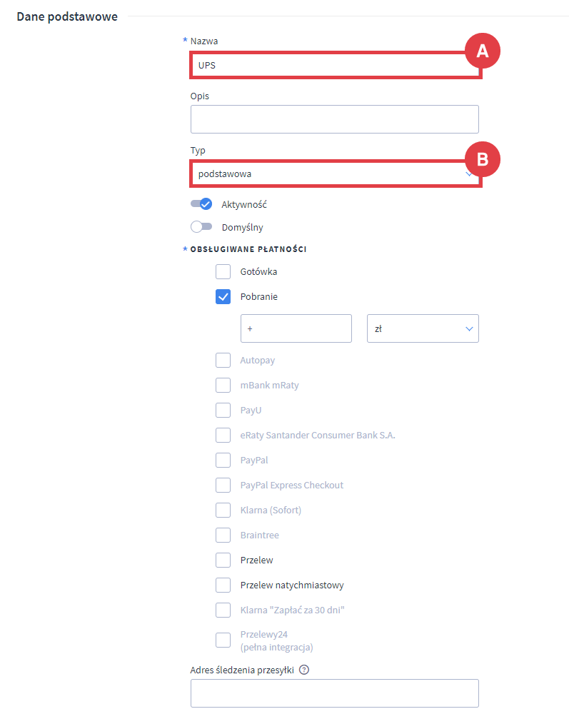 Uzupełnij formularz dla nowej dostawy UPS w swoim sklepie internetowym Panel administracyjny sklepu > Ustawienia > Obsługa zamówień > Formy dostawy > Dodaj dostawę > UPS