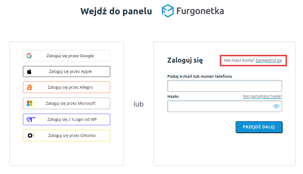 Zaloguj się na konto lub załóż nowe na stronie Furgonetka.pl Logowanie do panelu Furgonetka.pl