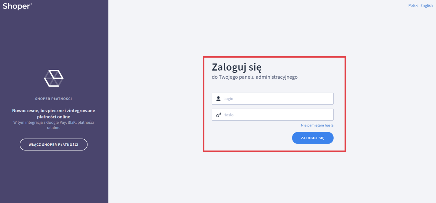 Formularz logowania do Panelu administracyjnego sklepu Shoper Panel administracyjny sklepu > Formularz logowania