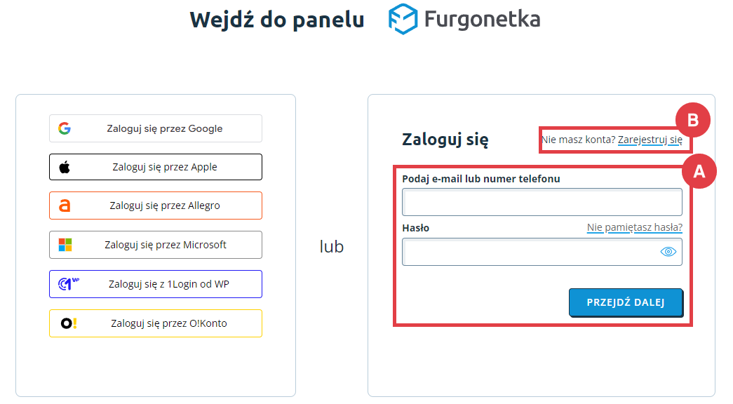 Zaloguj się do panelu Furgonetka lub zarejestruj konto Formularz logowania do panelu Furgonetka