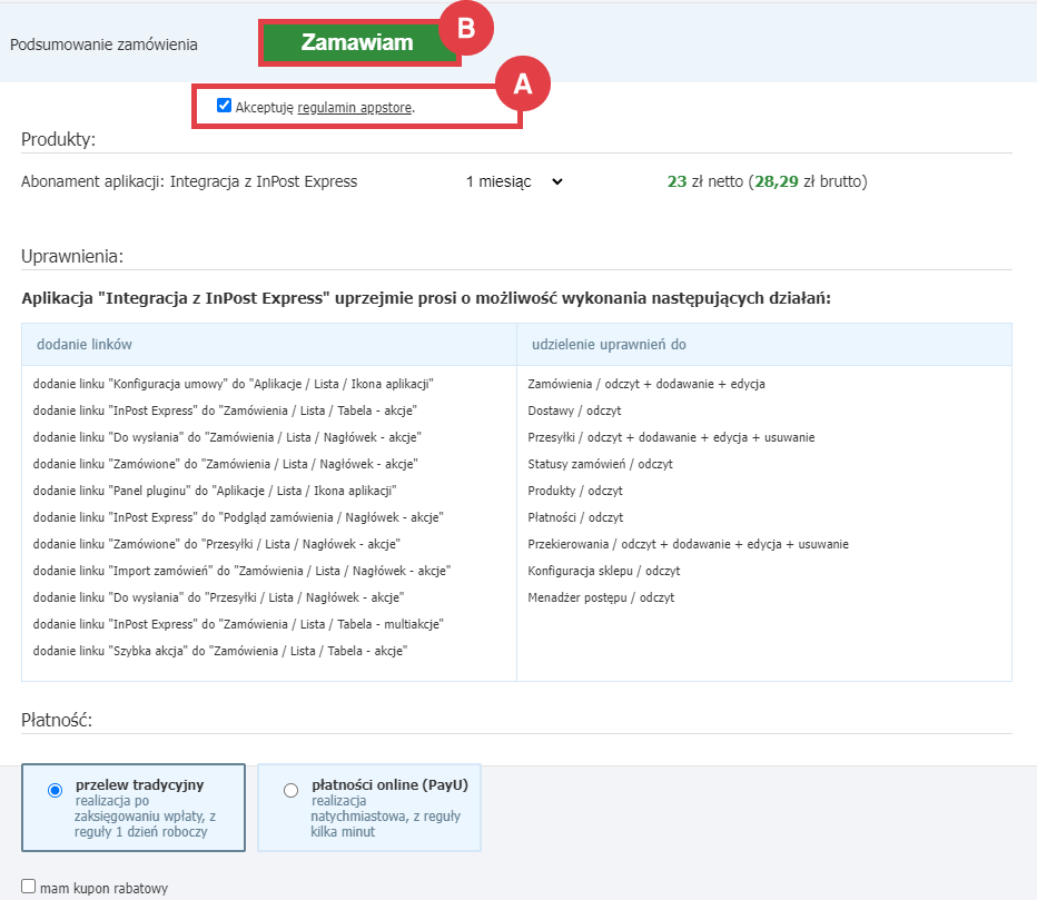 Panel administracyjny sklepu > Dodatki i integracje > Aplikacje > Integracja z InPost Express > Zamawianie abonamentu