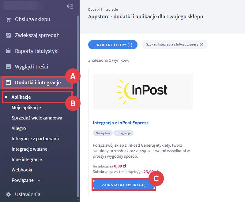 Panel administracyjny sklepu > Dodatki i integracje > Aplikacje > Integracja z InPost Express