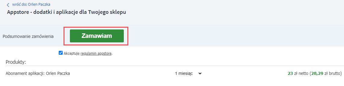 Potwierdź instalację aplikacji Panel administracyjny > Dodatki i Integracje > Aplikacje > Orlen Paczka