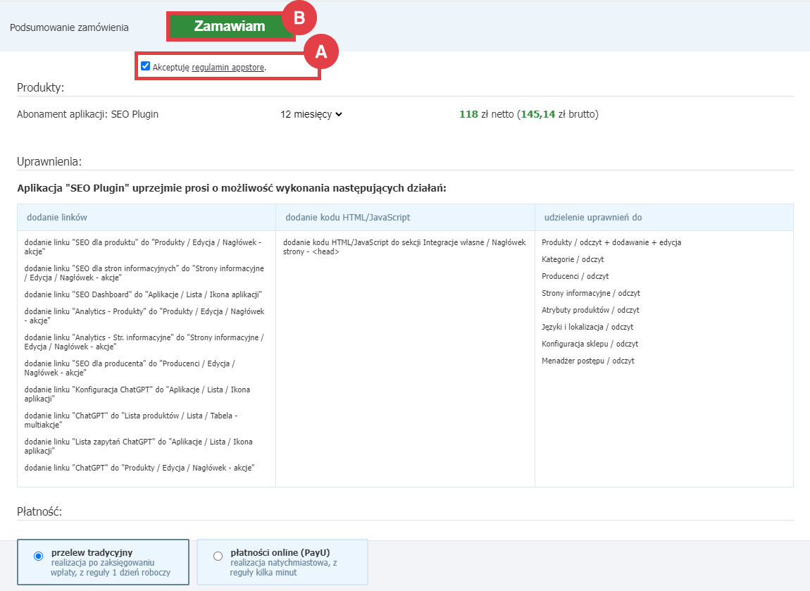 Zamów abonament aplikacji SEO Plugin w sklepie Shoper Panel administracyjny sklepu > Dodatki i integracje > Aplikacje > SEO Plugin > Instalacja