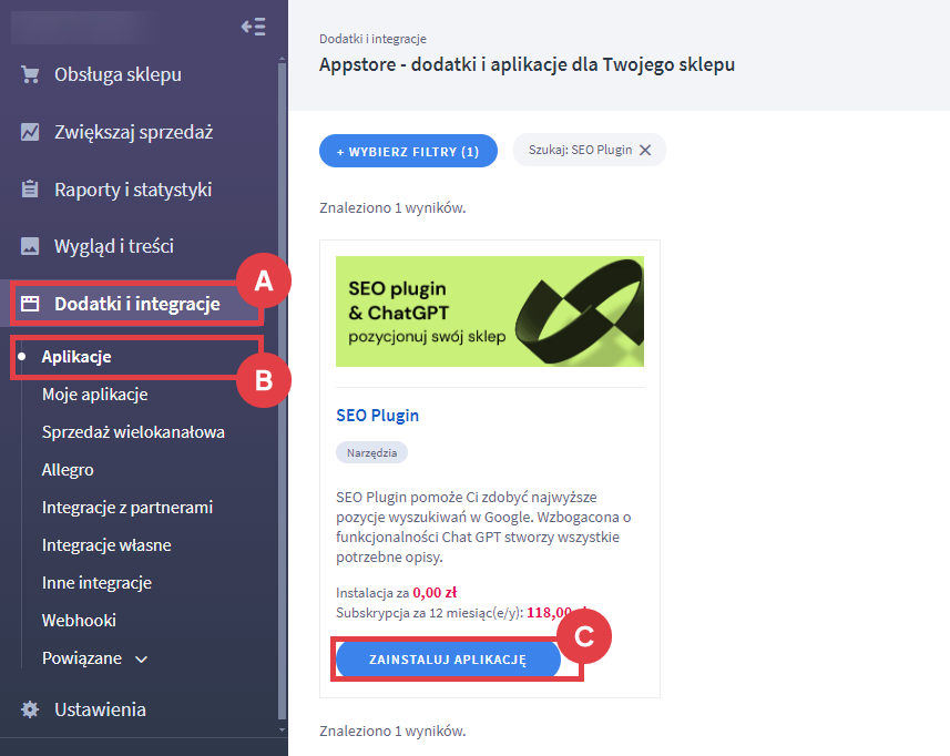 Zainstaluj aplikację SEO Plugin w Panelu administracyjnym sklepu Shoper Panel administracyjny sklepu > Dodatki i integracje > Aplikacje > SEO Plugin