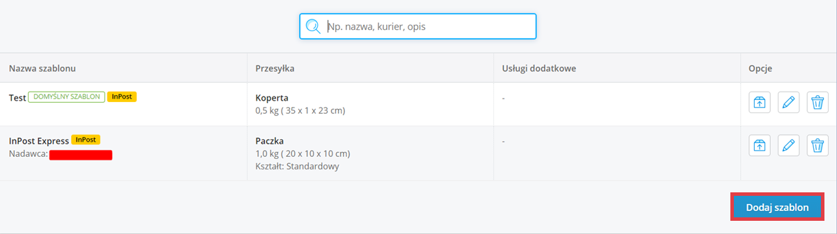 Panel administracyjny sklepu > Dodatki i integracje > Moje aplikacje > Integracja z InPost Express > Szablony przesyłek > Dodawanie szablonu