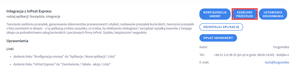Panel administracyjny sklepu > Dodatki i integracje > Moje aplikacje > Integracja z InPost Express > Szablony przesyłek