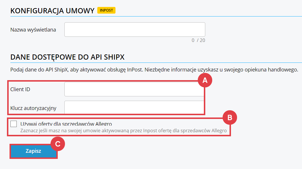 Panel administracyjny sklepu > Dodatki i integracje > Moje aplikacje > Integracja z InPost Express > Konfiguracja umowy > Dane dostępowe do API SHIPX