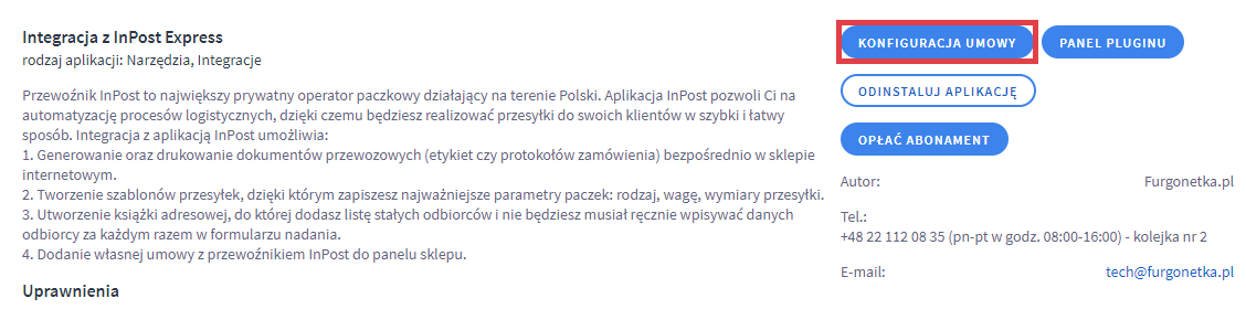 Panel administracyjny sklepu > Dodatki i integracje > Moje aplikacje > Integracja z InPost Express > Konfiguracja umowy