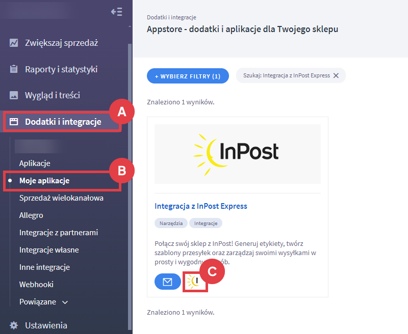 Panel administracyjny sklepu > Dodatki i integracje > Moje aplikacje > Integracja z InPost Express