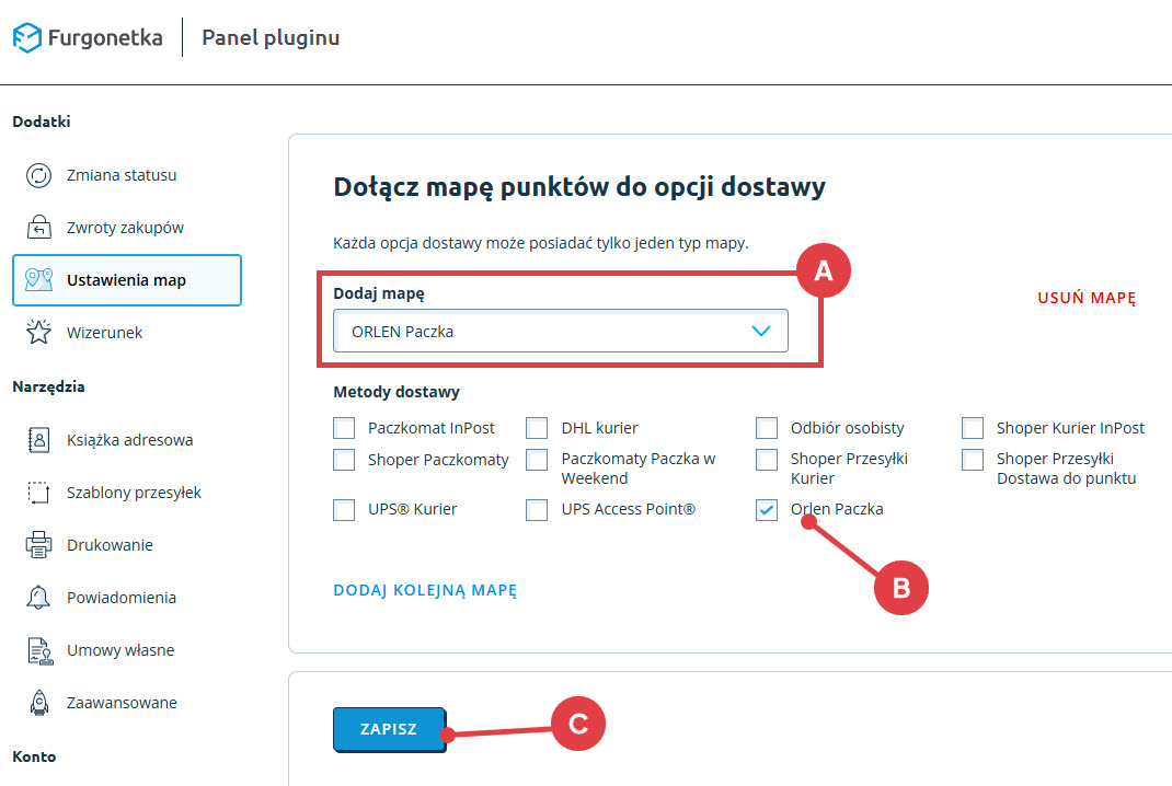 Wybierz dostawę do wyświetlenia mapy Orlen Paczka Panel administracyjny > Dodatki i integracje > Moje aplikację > Orlen Paczka > Ustawienia Map