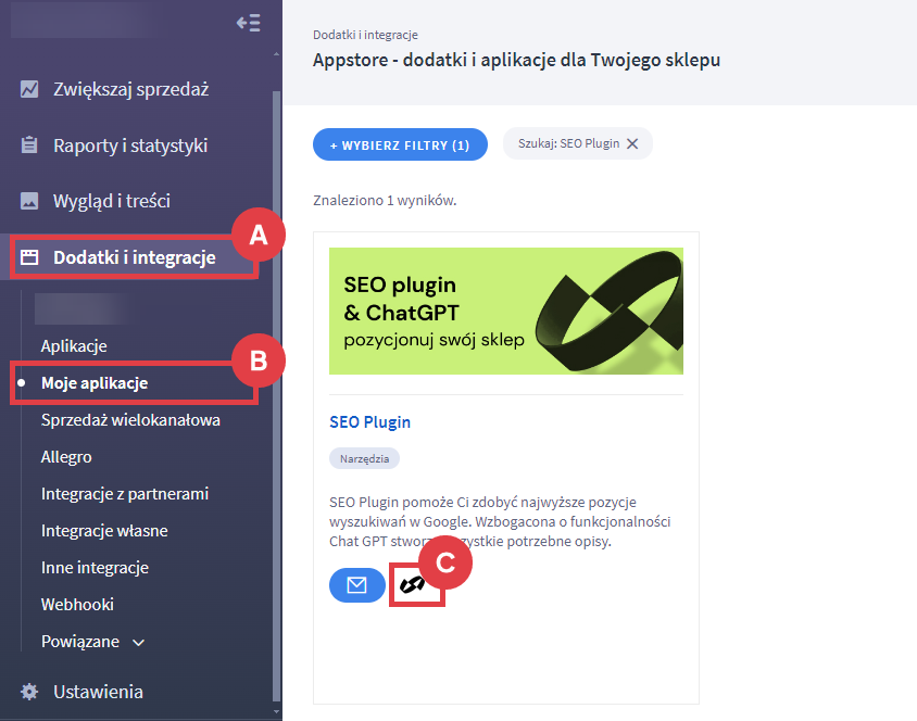 Skonfiguruj wtyczkę SEO Plugin po instalacji Panel administracyjny sklepu > Dodatki i integracje > Moje aplikacje > SEO Plugin